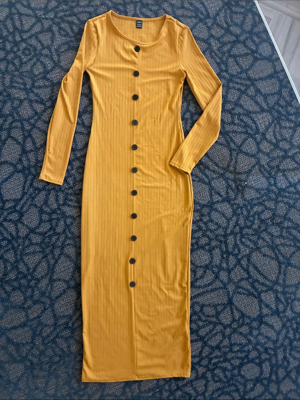 SHEIN Mustard Ribbed Button-Front Long Sleeve Maxi Dress